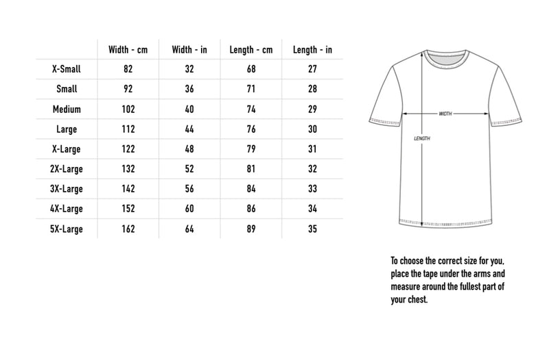 Size chart for Esoteric 1.0 Tee - White