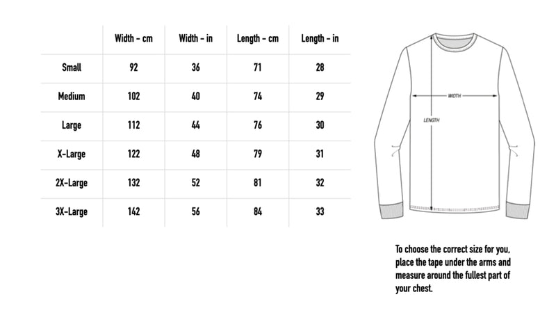 Size chart for TPOBD Longsleeve - Black