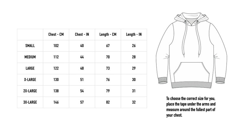 Size chart for TPOBD Hoodie - Black